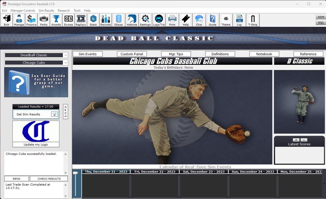 Nostalgia Simulation Baseball Software - Main Screen