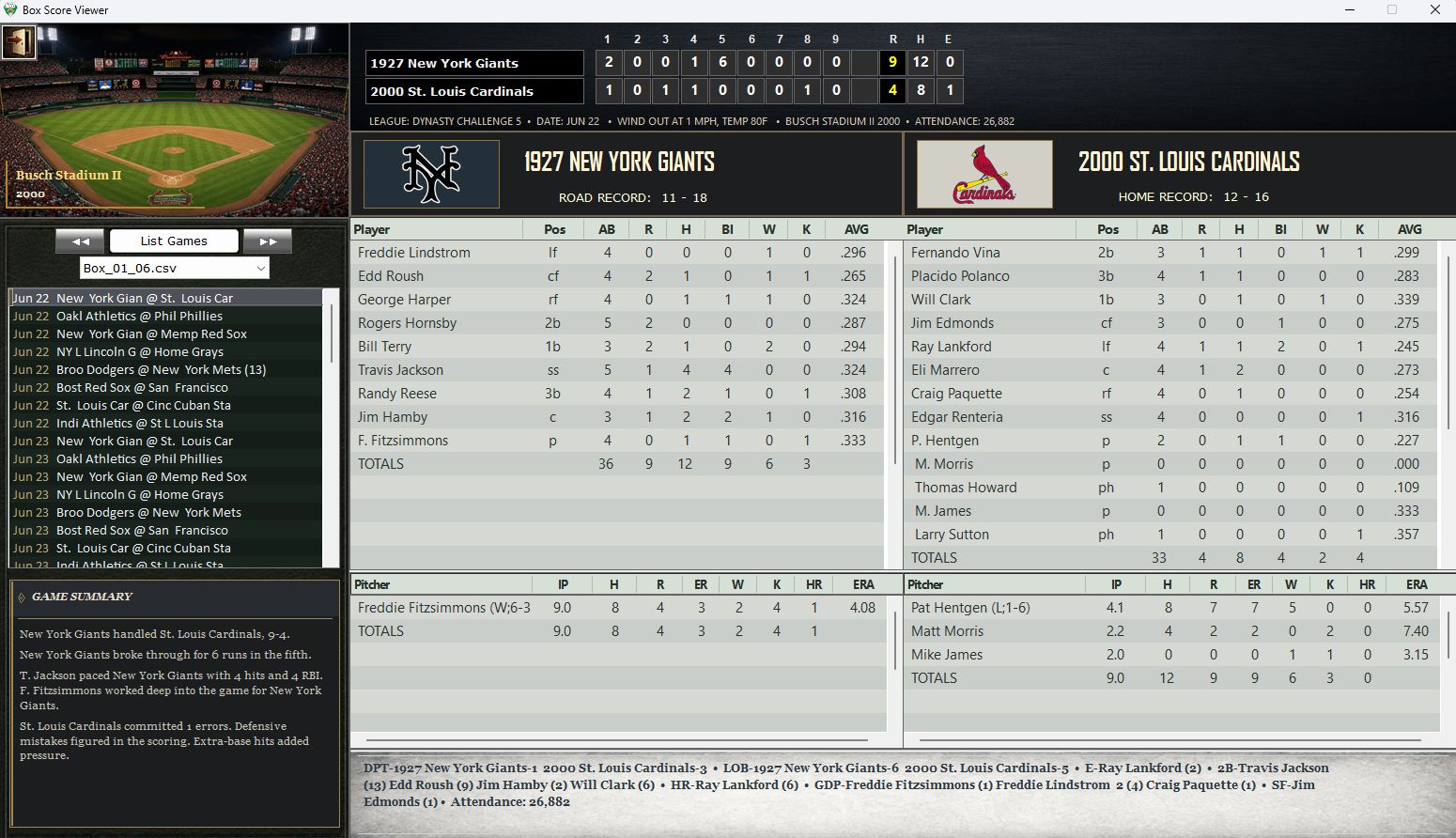 Nostalgia Sim Baseball box score