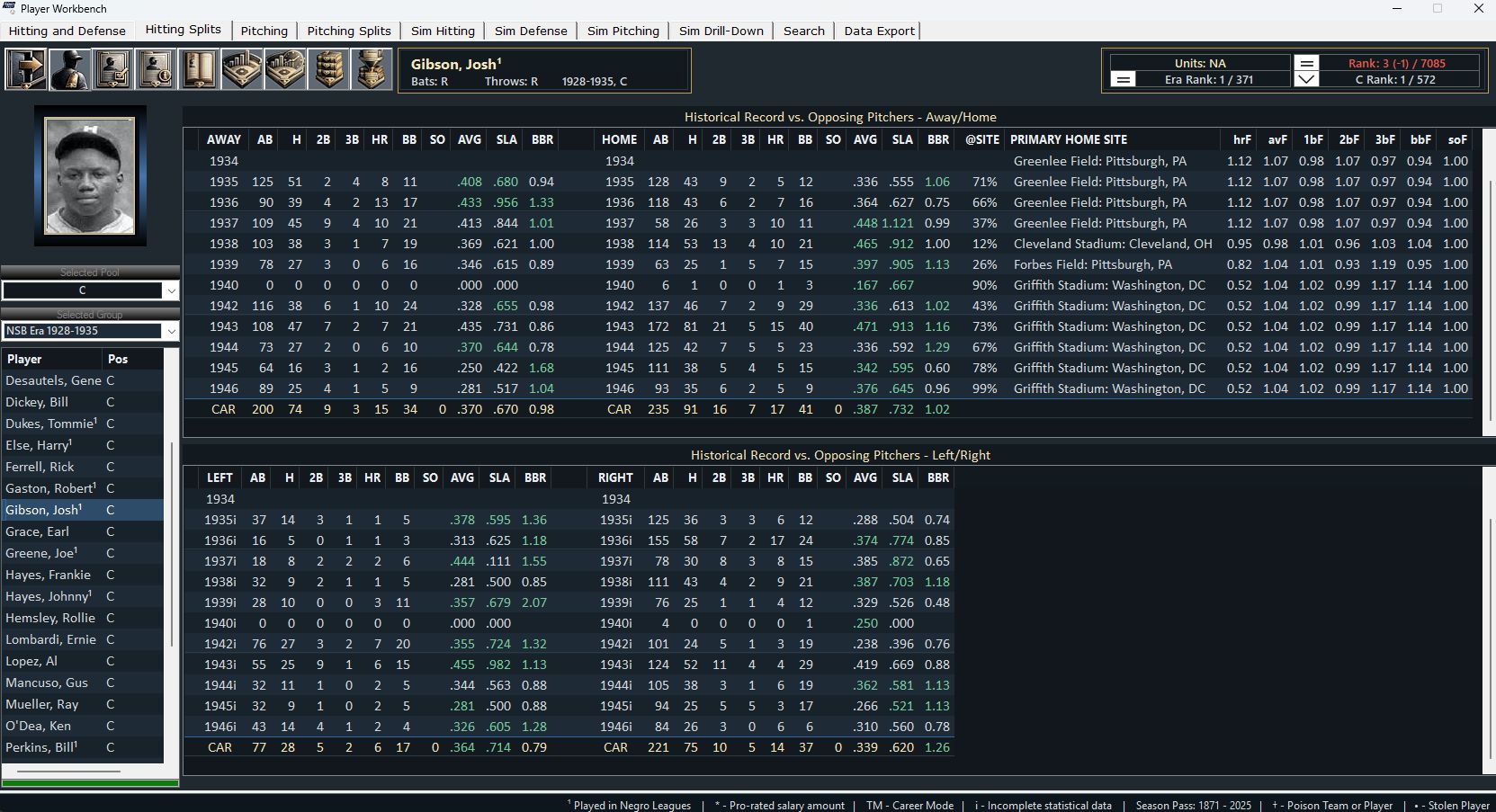 Nostalgia Sim Baseball Negro Leagues statistical splits