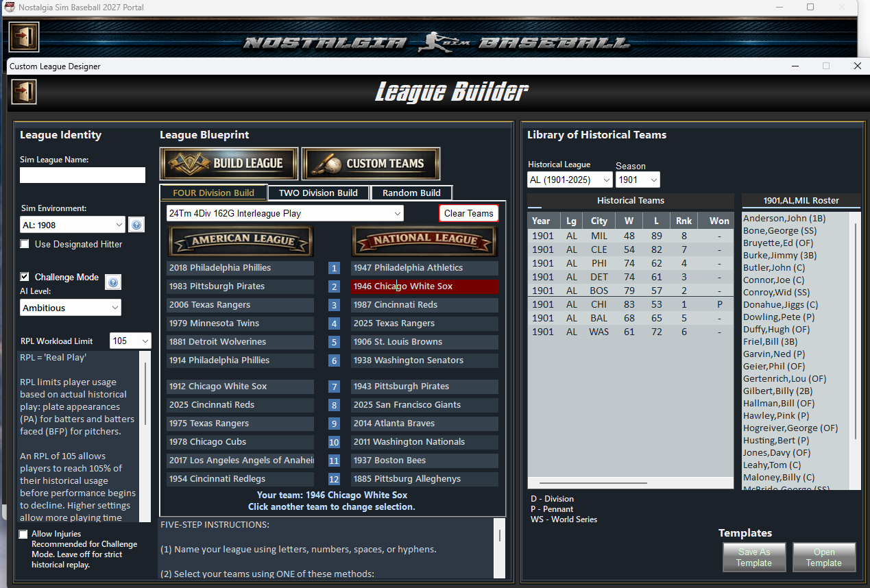Challenge Mode enabled with Ambitious AI and the 1946 Chicago White Sox selected in red.