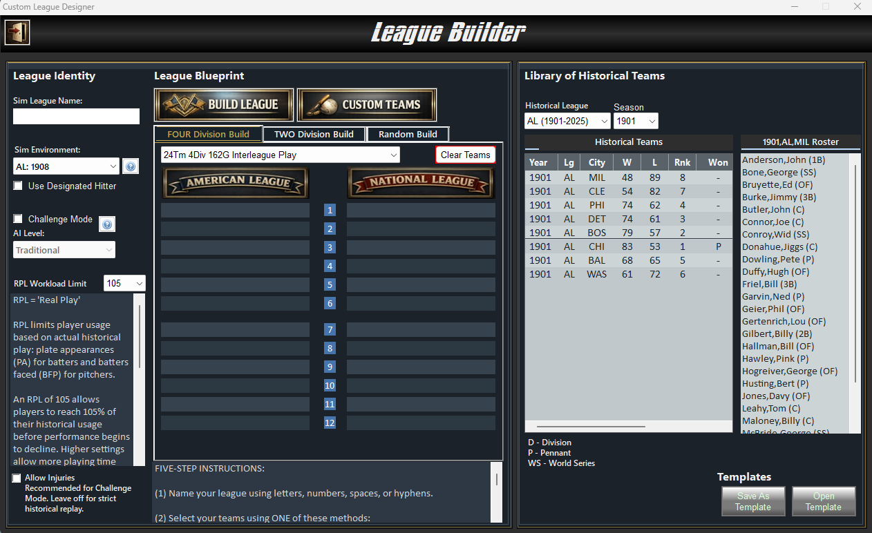 League Builder showing the empty four-division layout and historical team library.