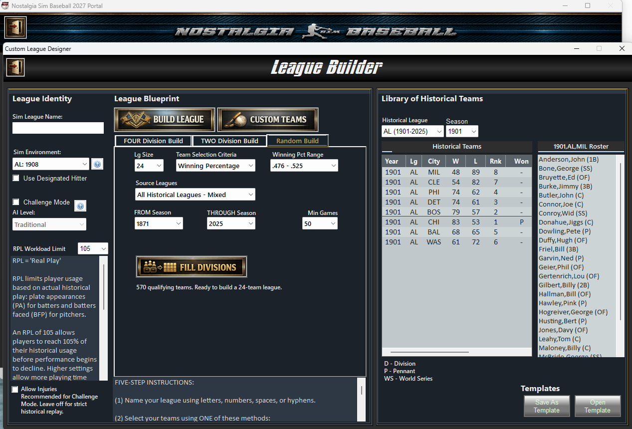 Random Build filters showing 570 qualifying teams for a 24-team league.