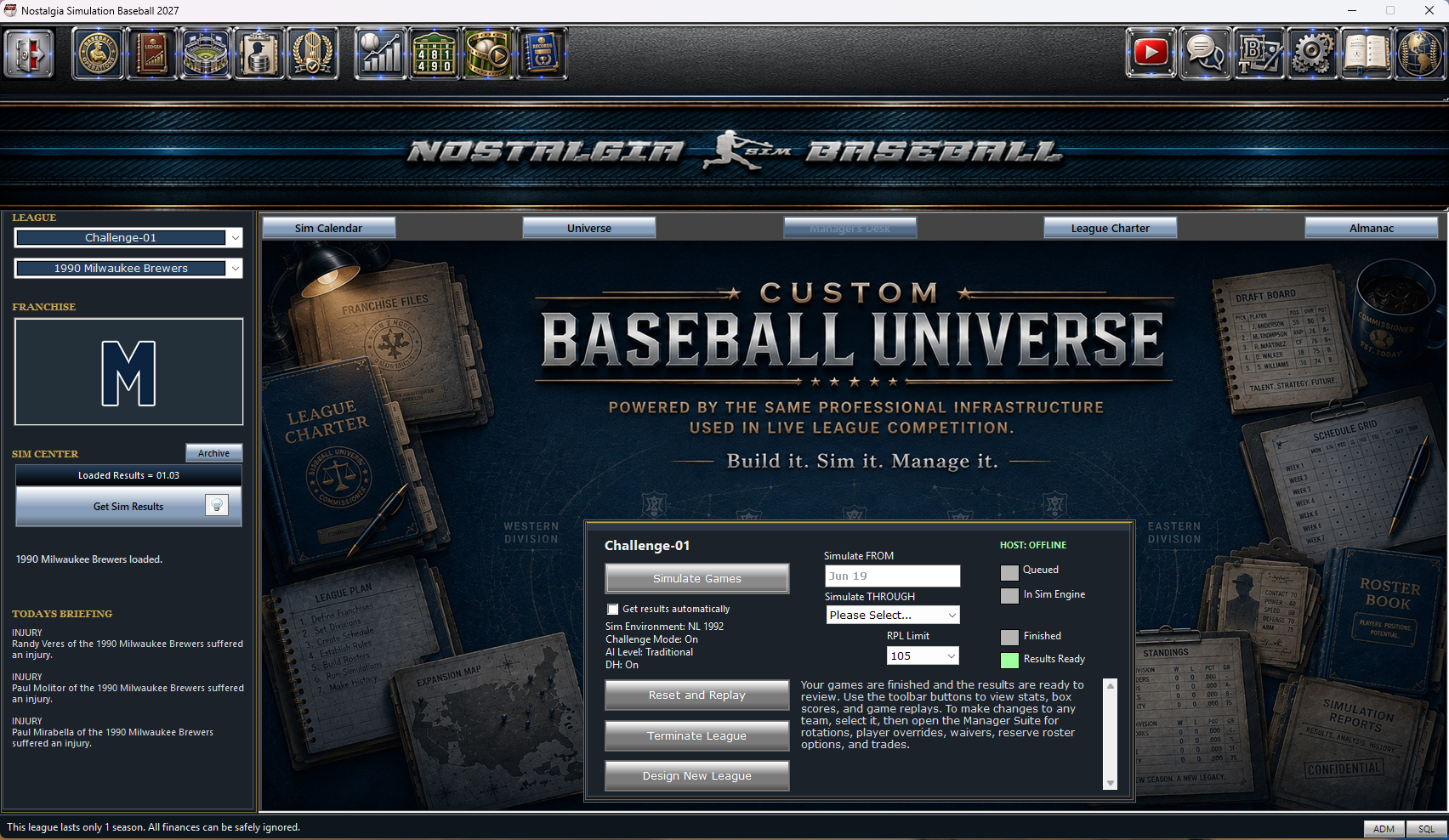 Custom league simulation panel showing date and RPL controls, status lights, and the Get Sim Results button on the left.